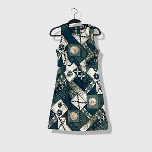 Hilo Hattie Shift Dress Womens 4 Teal‎ Geometric Tropical Hawaiian Retro Mod